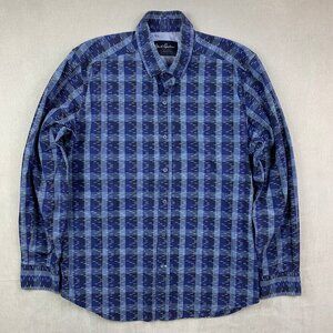Robert Graham Mens Shirt Large Blue Plaid Button Up Long Sleeve Tailored Stretch